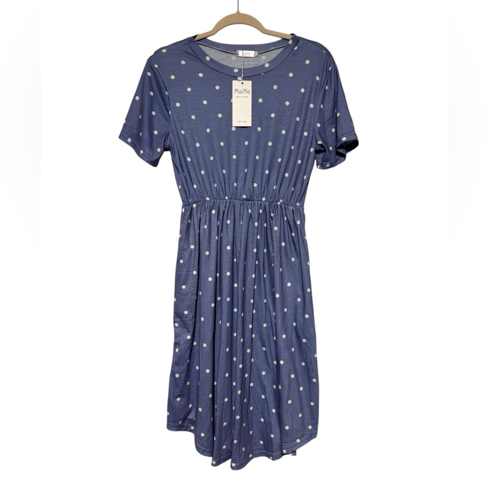 NWT Long Modest Purple Blue‎ Polka Dot Short Sleeve Midi Dress Medium Pockets